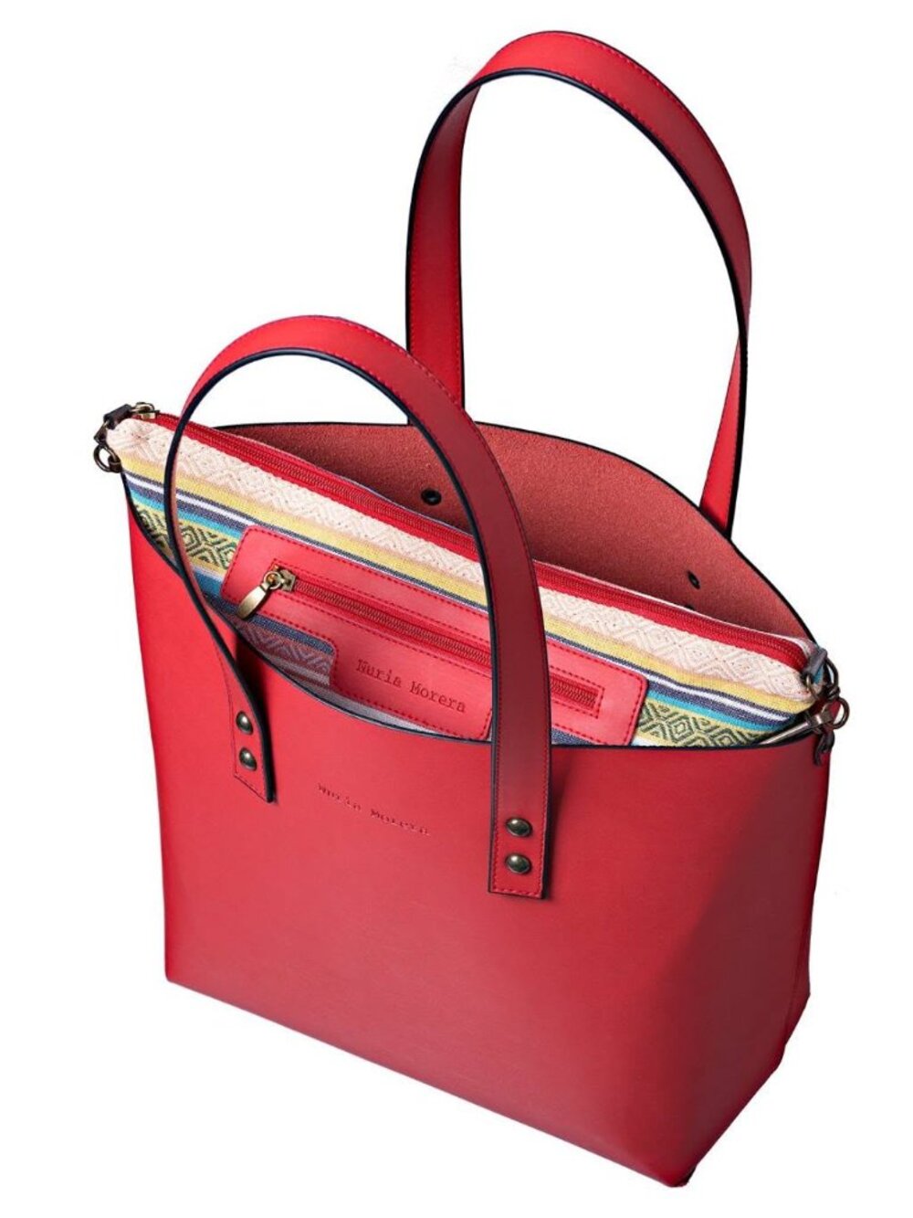 Nuria Morera large‎ red leather tote with striped clip-in liner handbag purse